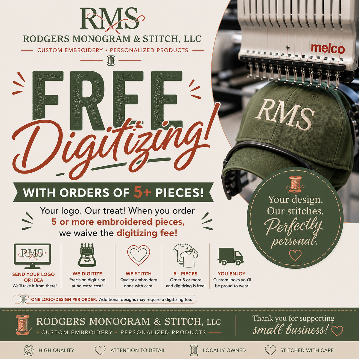 Free Digitizing for 5+ Pieces