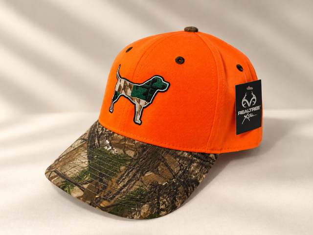 Maryland Flag, Camo Color, Dog Silhouette, Blaze Orange Cap with Camouflage Bill
